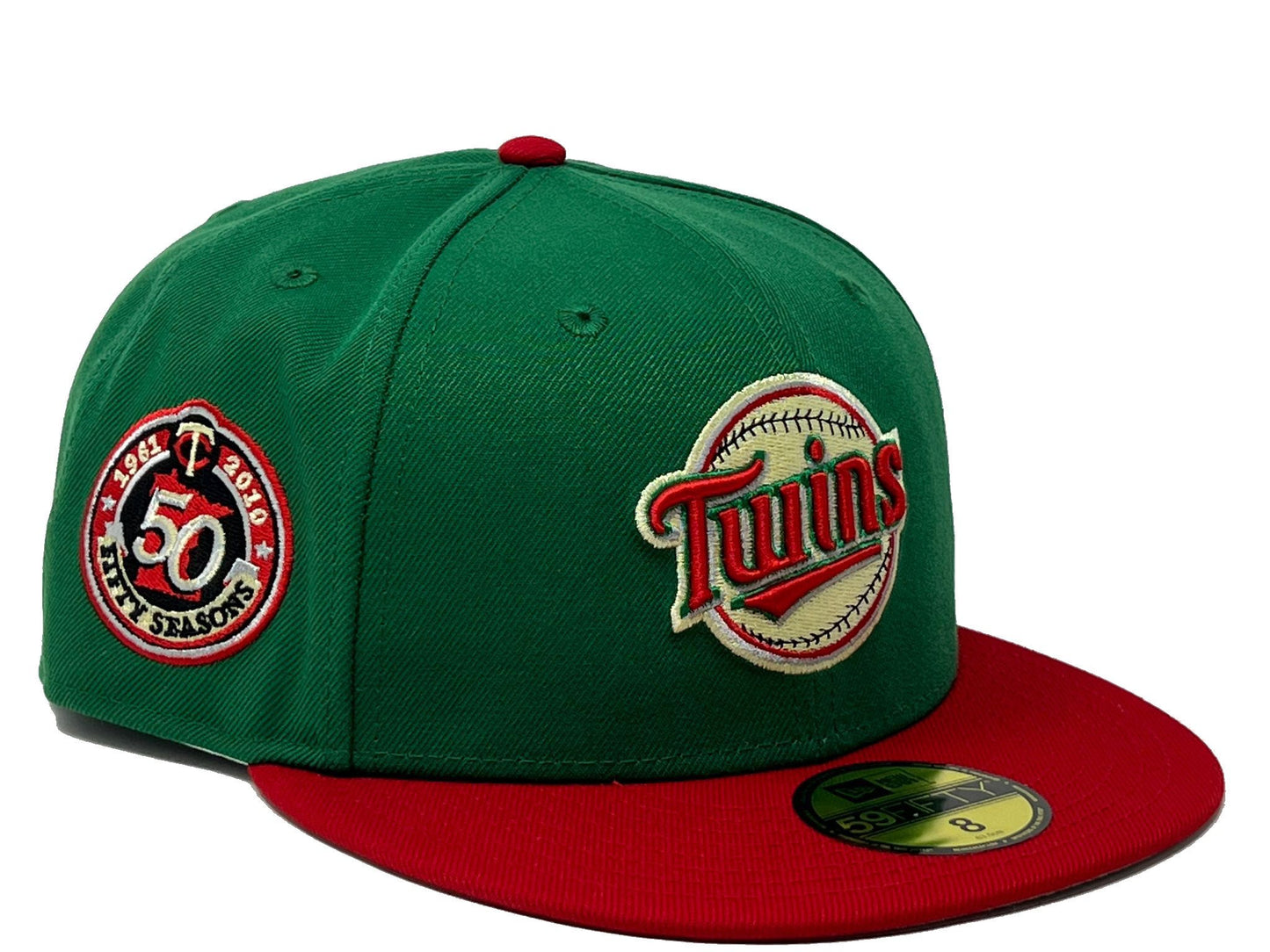 Minnesota Twins 50th Anniversary Green Red Visor Gray Brim New Era Fitted Hat