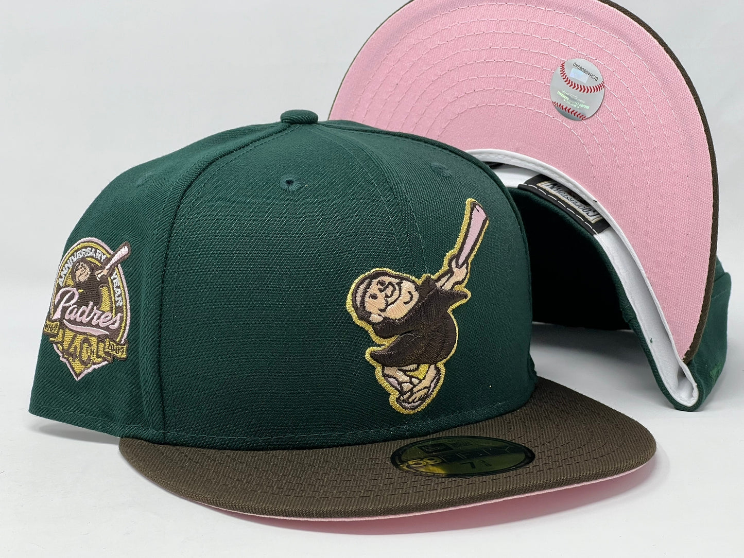 SAN DIEGO PADRES 40TH ANIIVERSARY DARK GREEN BROWN VISOR PINK BRIM NEW ERA FITTED HAT