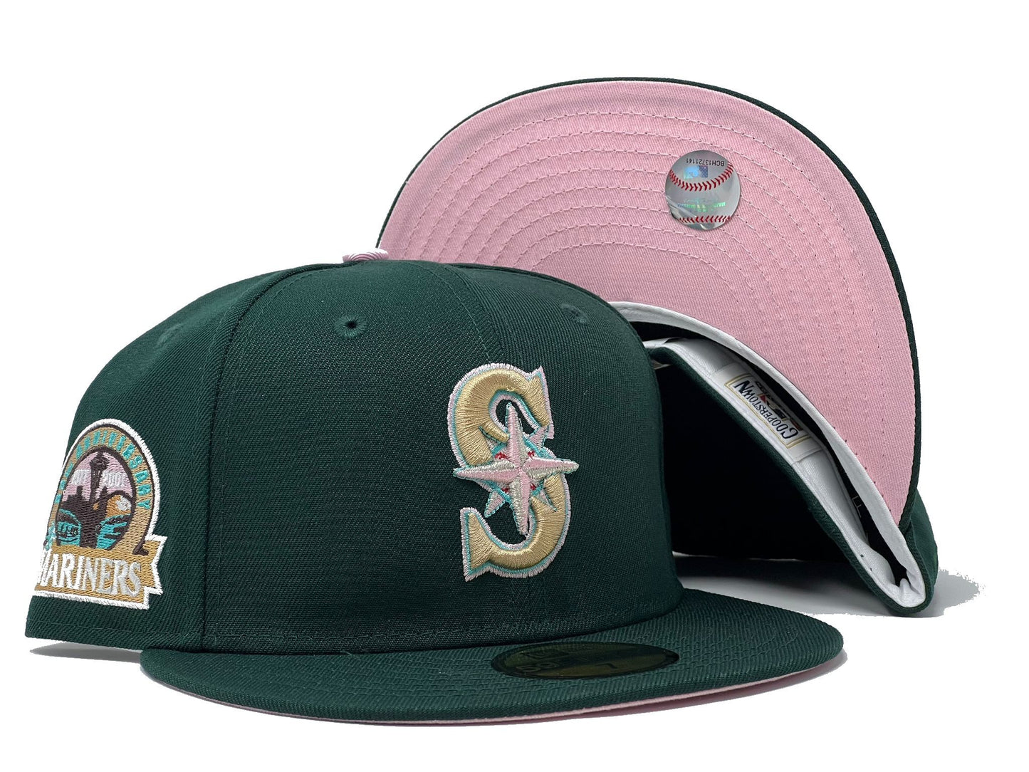 Seattle Mariners 35th Anniversary Dark Green Pink Brim Fitted Hats