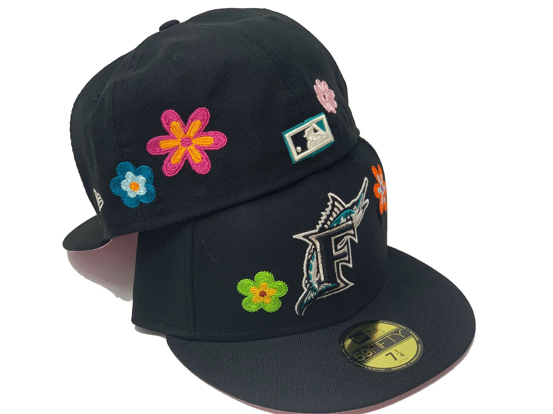 Black Florida Marlins Floral Pattern 59fifty New Era Fitted Hat