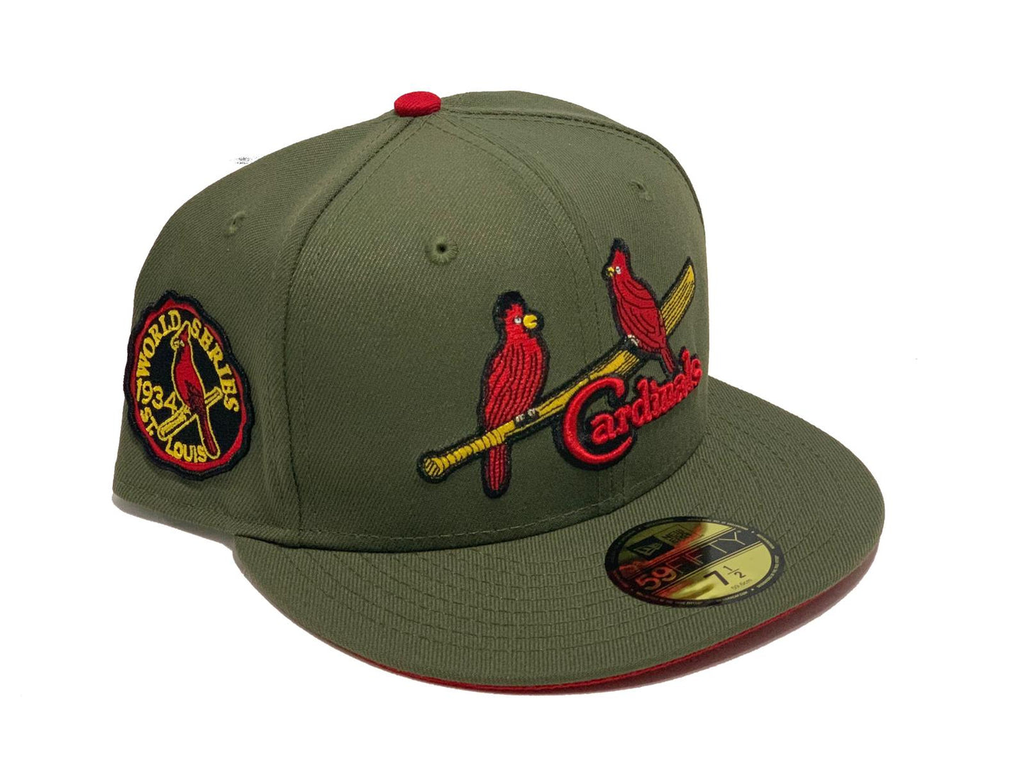 ST. LOUIS CARDINALS 1934 WORLD SERIES DARK OLIVE RED BRIM NEW ERA FITTED HAT