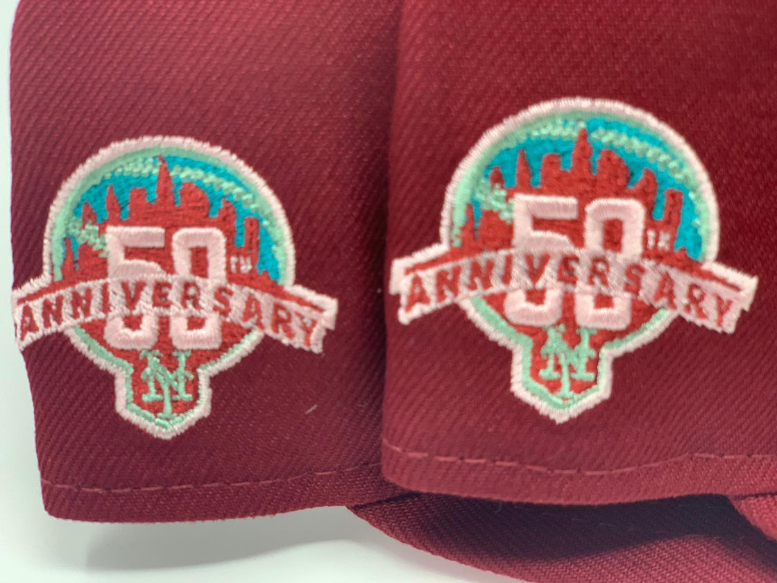 NEW YORK METS STATUE OF LIBERTY 50TH ANNIVERSARY BURGUNDY PINK BRIM NEW ERA FITTED HAT