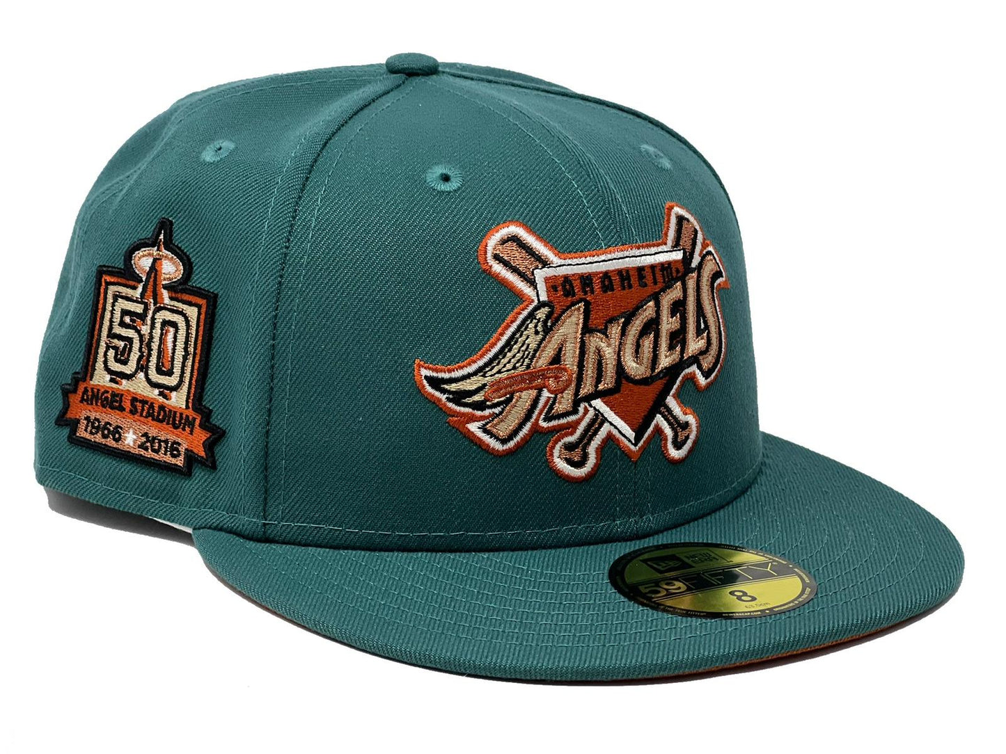 Anahiem  Angeles 50th Anniversary Pine Needle Green Rust Orange Brim New Era Fitted Hat
