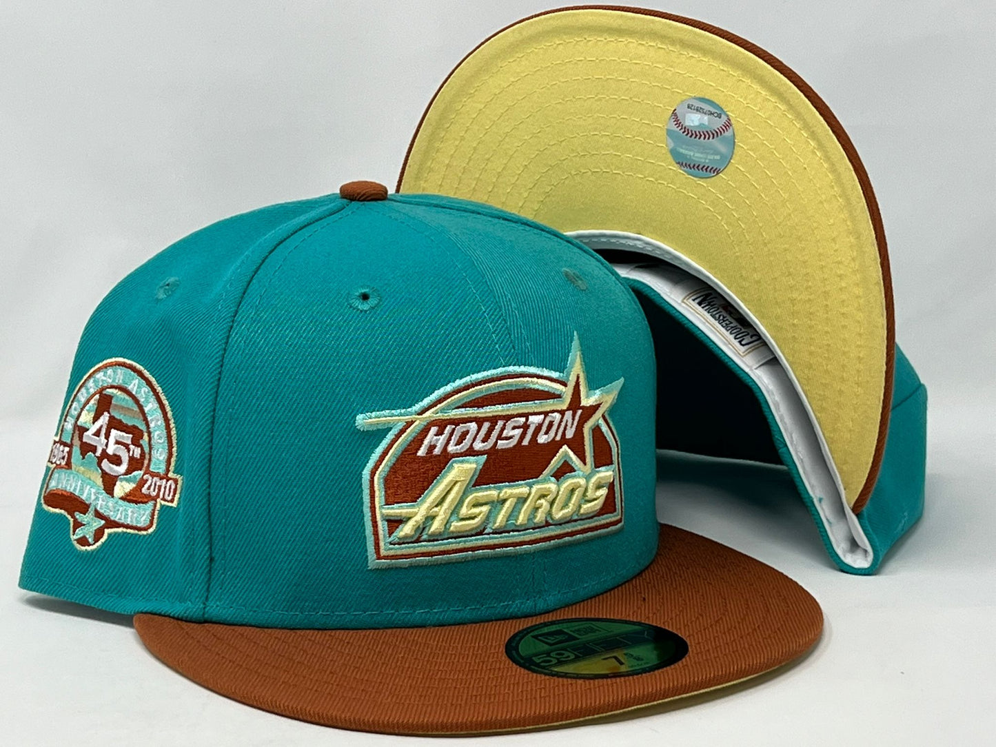 HOUSTON ASTROS 45TH ANNIVERSARY TEAL RUST ORANGE VISOR BUTTER POPCORN BRIM NEW ERA FITTED HAT