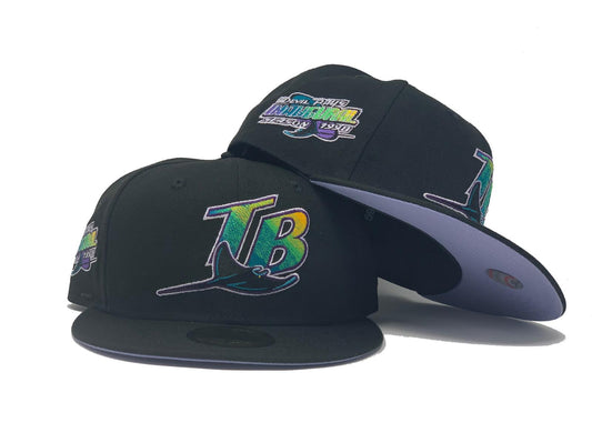 TAMPA BAY 1998 INAUGURAL SEASON BLACK LAVENDER BRIM NEW ERA FITTED HAT