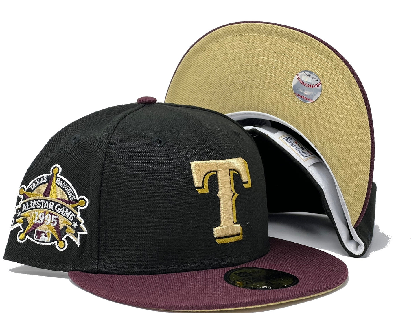 TEXAS RANGERS 1995 ALL STAR GAME BLACK MAROON VISOR VEGAS GOLD BRIM NEW ERA FITTED HAT
