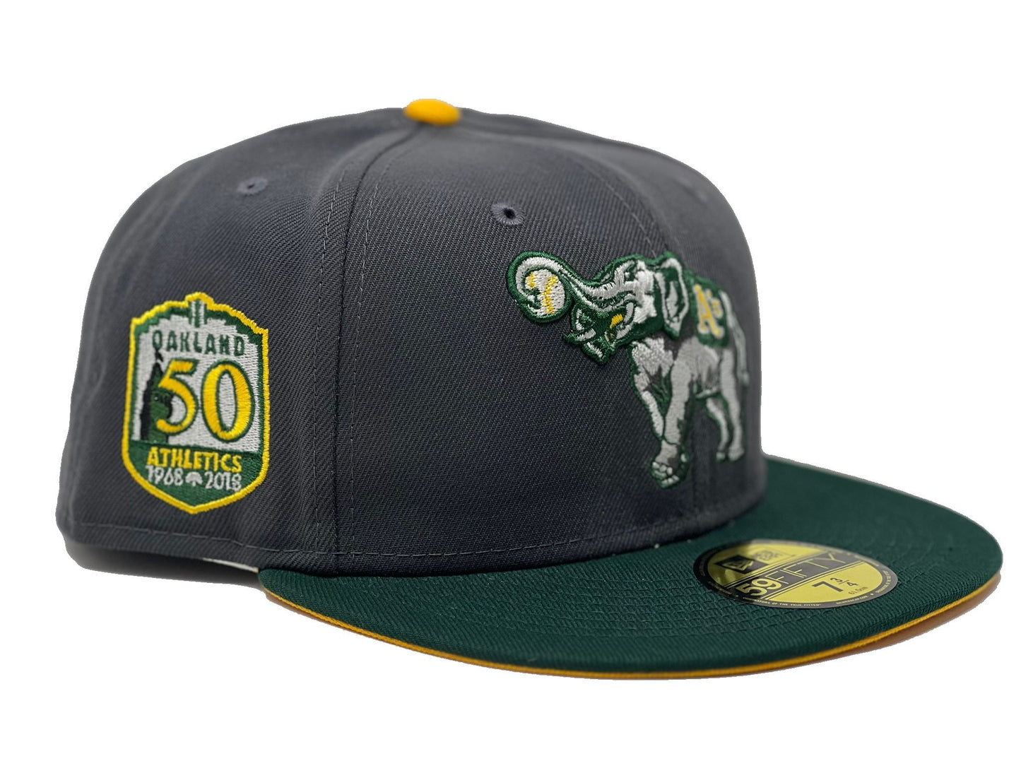 Oakland Athletics 50th Anniversary Dark Gray Green Visor Yellow Brim New Era Fitted Hat