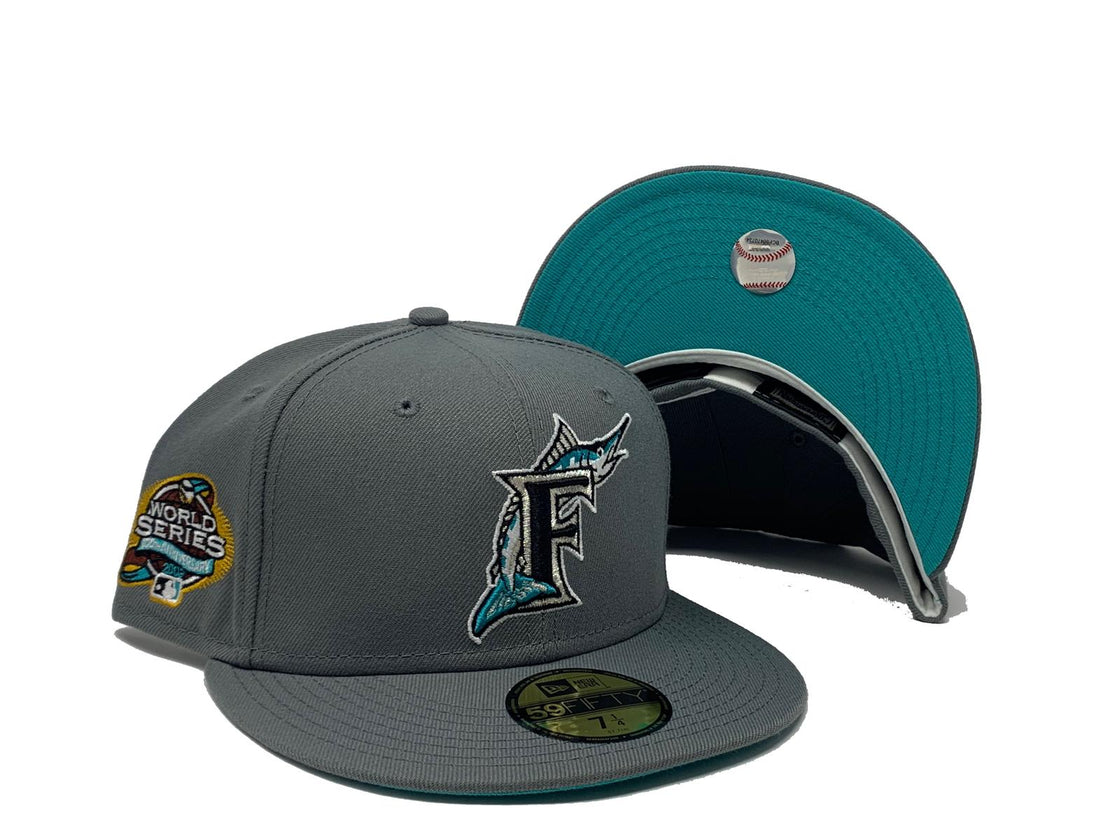 FLORIDA MARLIN  2003 WORLD SERIES STORM GRAY TEAL BRIM NEW ERA FITTED HAT