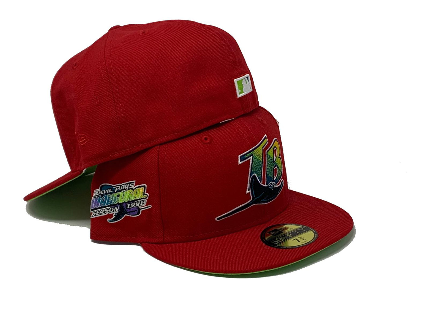 TAMPA BAY DEVIL RAYS 1998 INAUGURAL SEASON RED NEON GREEN BRIM NEW ERA FITTED HAT