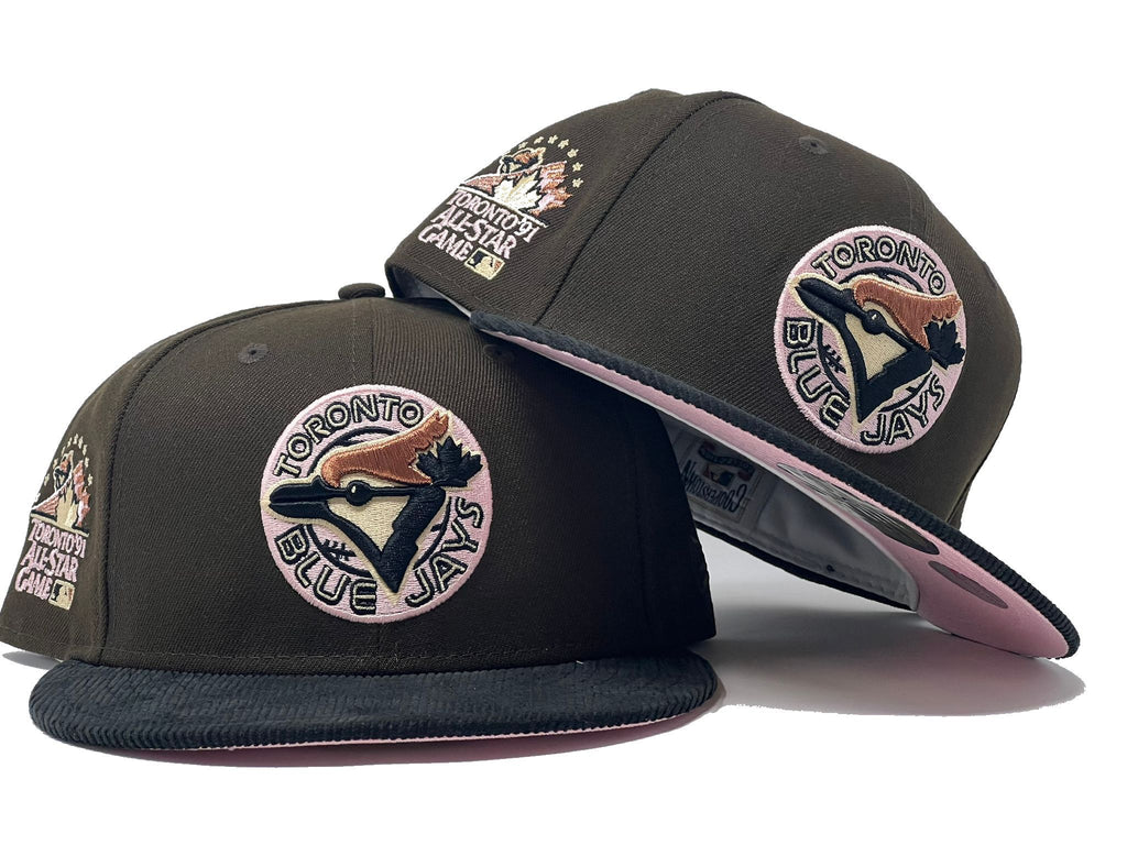 TORONTO BLUE JAYS 1991 ALL STAR GAME BROWN BLACK CORDUROY VISOR PINK BRIM NEW ERA FITTED HAT