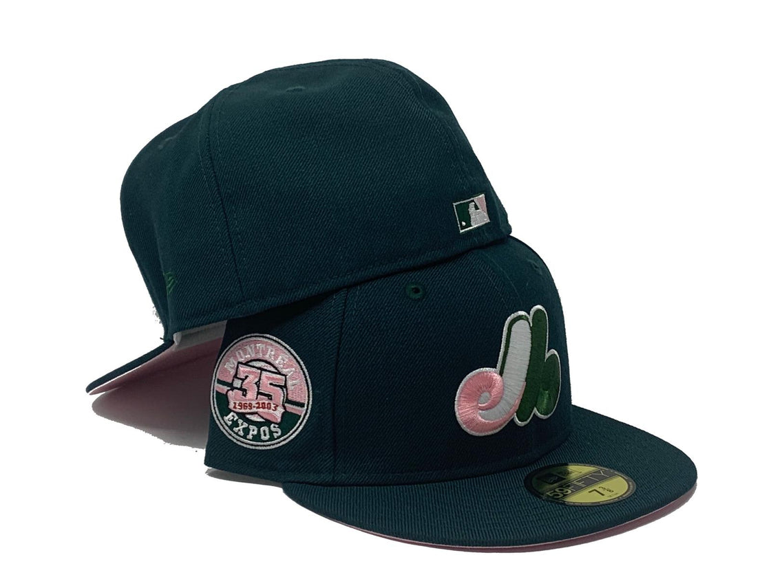 MONTREAL EXPOS 35TH ANNIVERSARY DARK GREEN PINK BRIM NEW ERA FITTED HAT