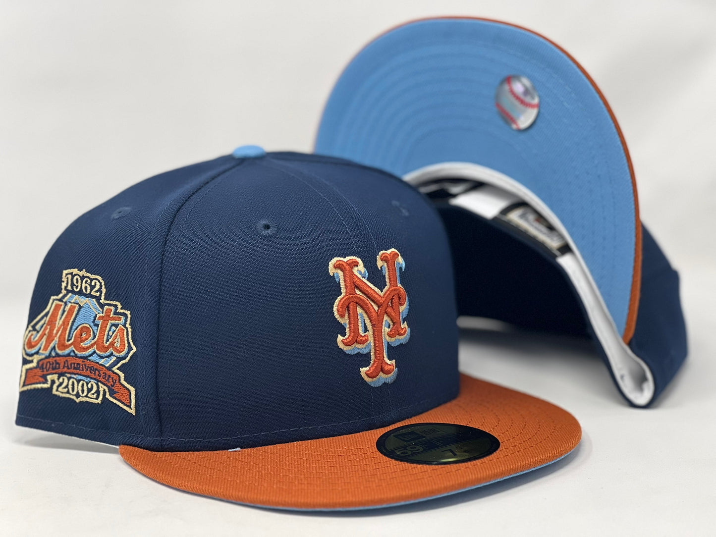 NEW YOEK METS 40TH ANNIVERSARY LIGHT NAVY RUST ORANGE VISOR ICY BRIM NEW ERA FITTED HAT