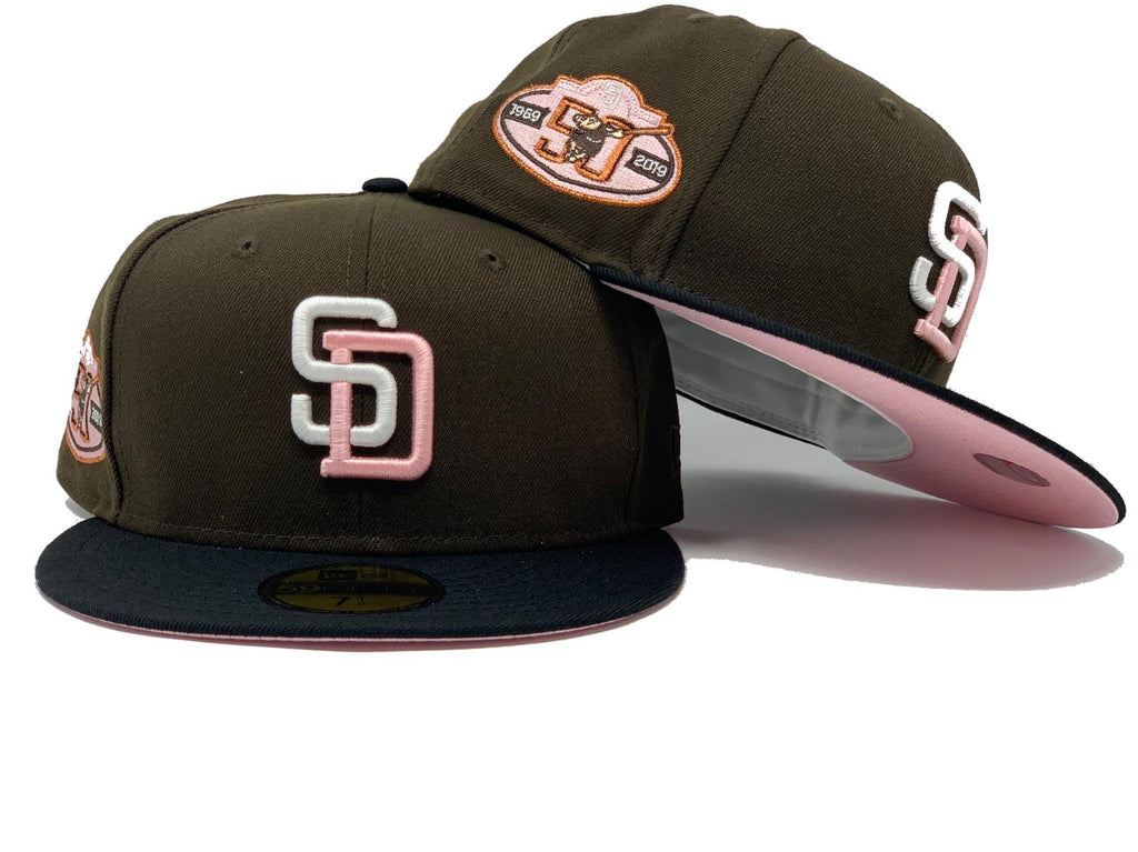 SAN DIEGO PADRES 50TH ANNIVERSARY WALNUT CROWN BLACK VISOR PINK BRIM NEW ERA FITTED
