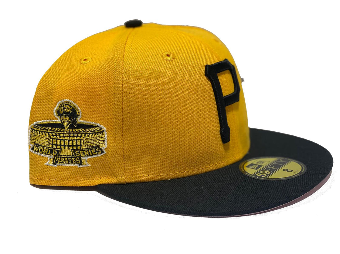 PITTSBURGH PIRATES 1971 WORLD SERIES YELLOW CAP BLACK VISOR PINK BRIM NEW ERA FITTED HAT TO MATCH JORDAN 1 VOLT GOLD