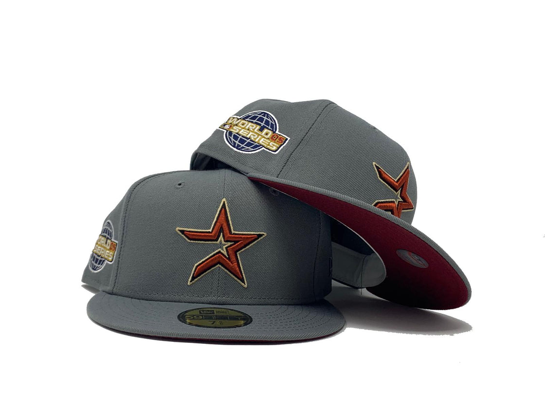 HOUSTON ASTROS 2005 WORLD SERIES STORM GRAY BURGUNDY BRIM NEW ERA FITTED HAT