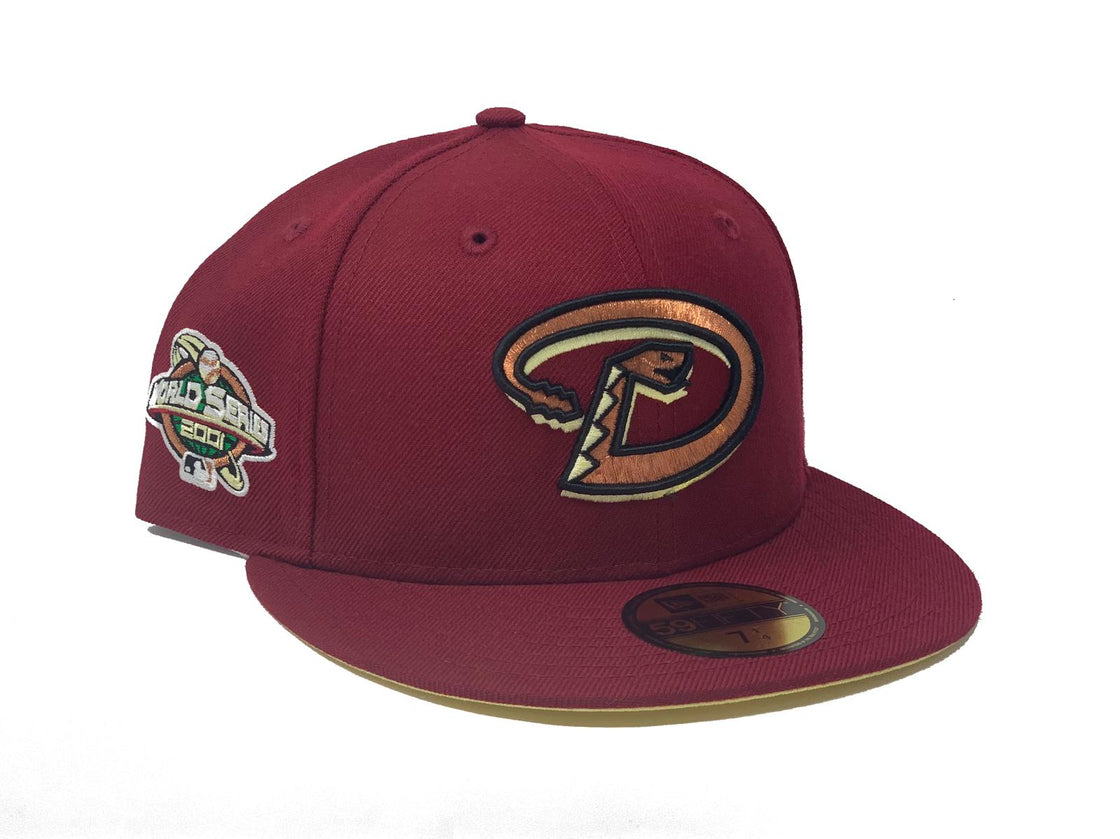 ARIZONA DIAMONDBACKS 2001 WORLD SERIES BURGUNDY BUTTER SOFT YELLOW BRIM NEW ERA FITTED HAT