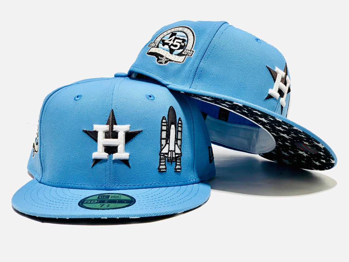 HOUSTON ASTROS 45TH ANNIVERSARY SPACE ROCKET SKY BLUE STAR PRINT BRIM NEW ERA FITED HAT