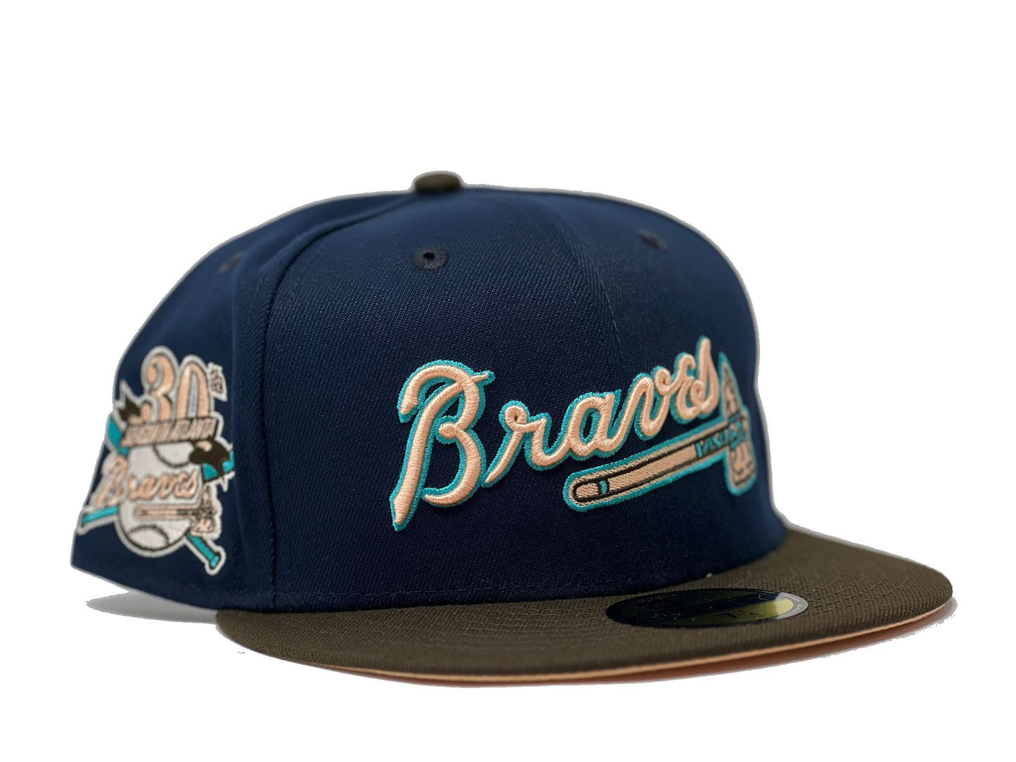 ATLANTA BRAVES 30TH ANNIVERSARY LIGHT NAVY BROWN VISOR PEACH BRIM NEW ERA FITTED HAT