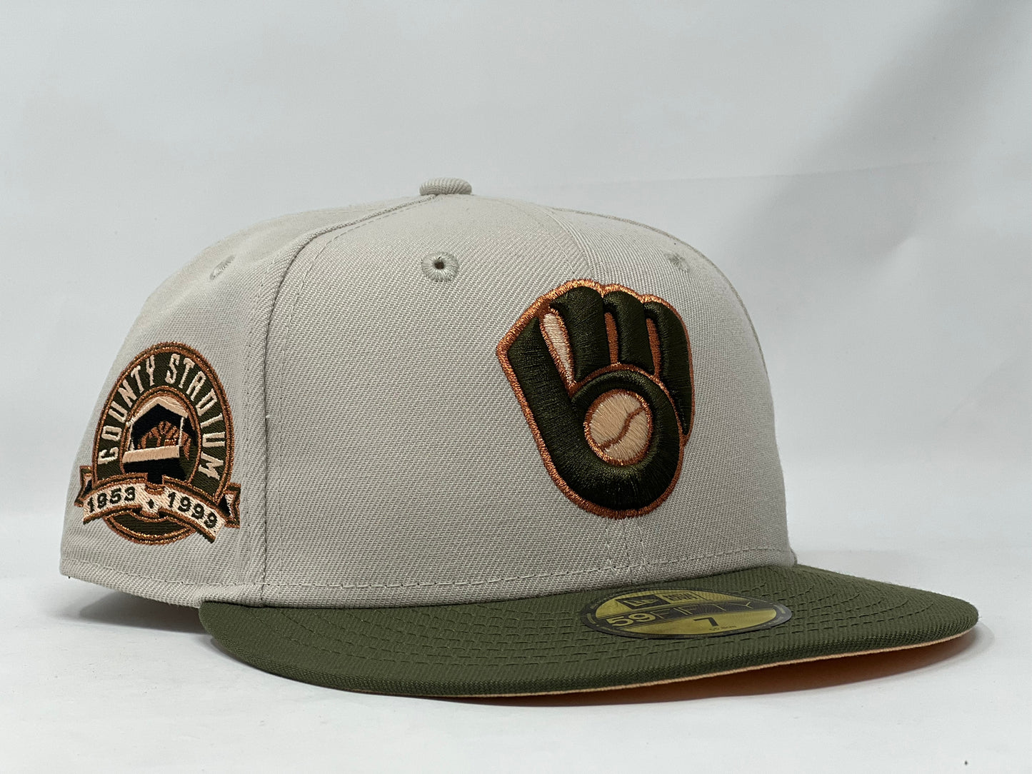 Milwaukee Brewers County Stadium Stone Olive Visor Peach Brim New Era Fitted Hat
