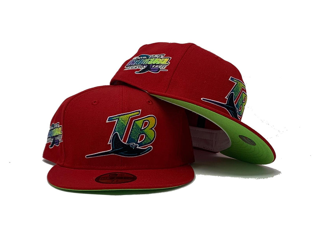 TAMPA BAY DEVIL RAYS 1998 INAUGURAL SEASON RED NEON GREEN BRIM NEW ERA FITTED HAT