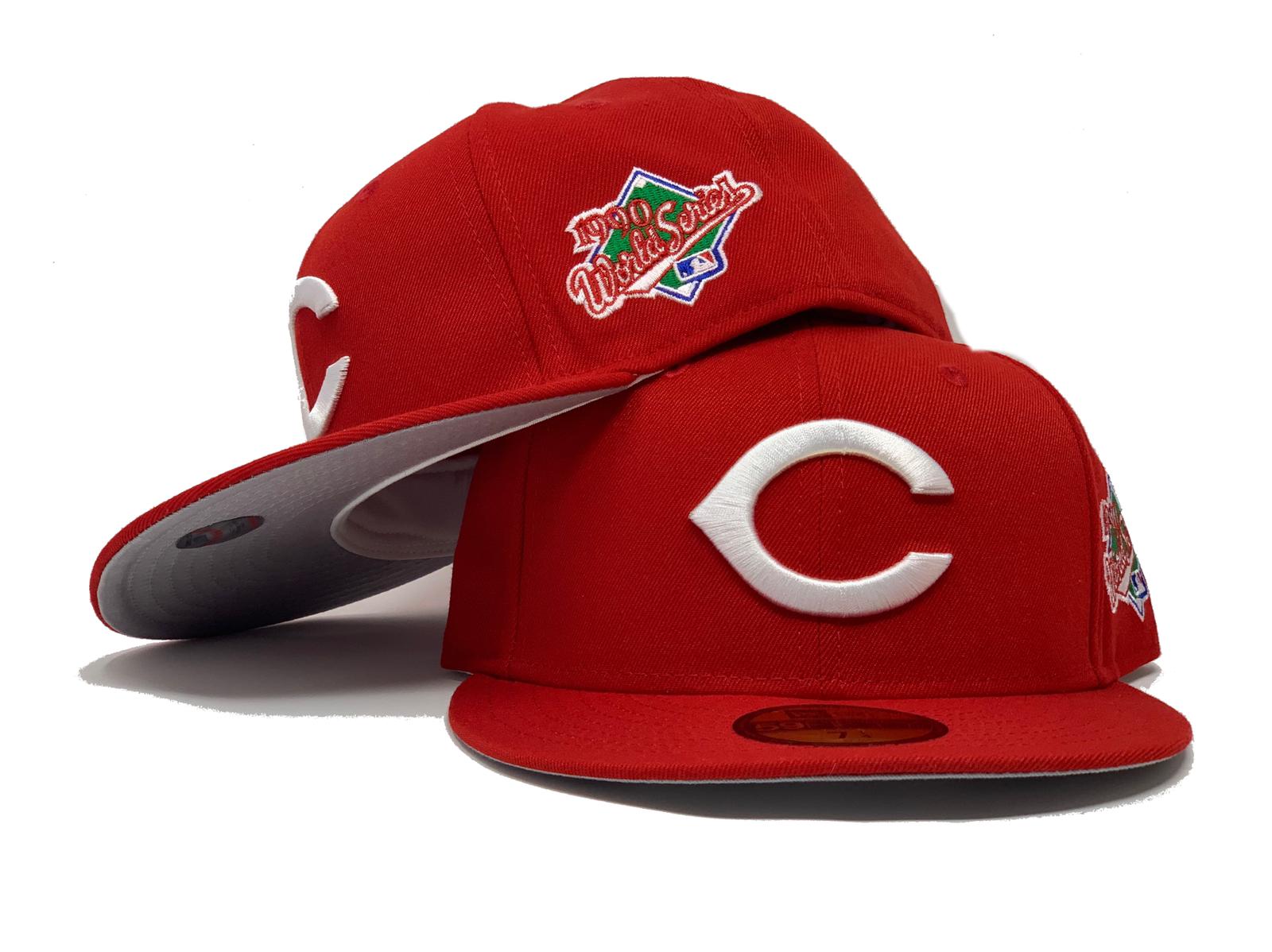Cincinnati Reds 1990 World Series New Era 59FIFTY Fitted Hats (Red Gray Under BRIM) - Reds Coopers Town Fitteds – Retro Reds Green Underbrim 5950 Caps