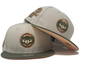 CHICAGO CUBS 1990 ALL STAR GAME STONE OLIVE GREEN VISOR PEACH BRIM NEW ERA FITTED HAT