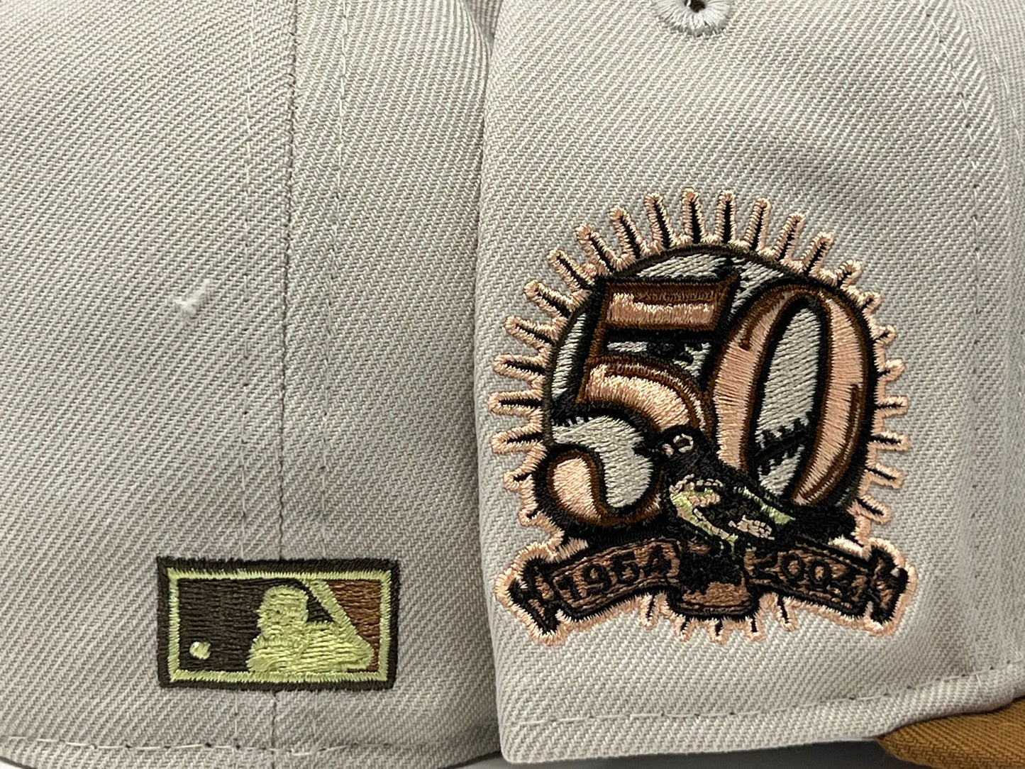 Baltimore Orioles 50th Anniversary Stone Camel Visor Peach Brim New Era Fitted Hat