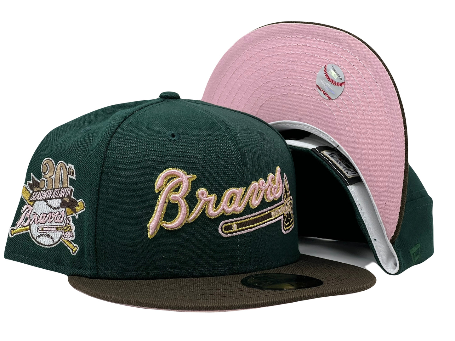 Atlanta  Braves  30th Anniversary Dark Green  Brown Visor Pink  Brim New Era Fitted Hat