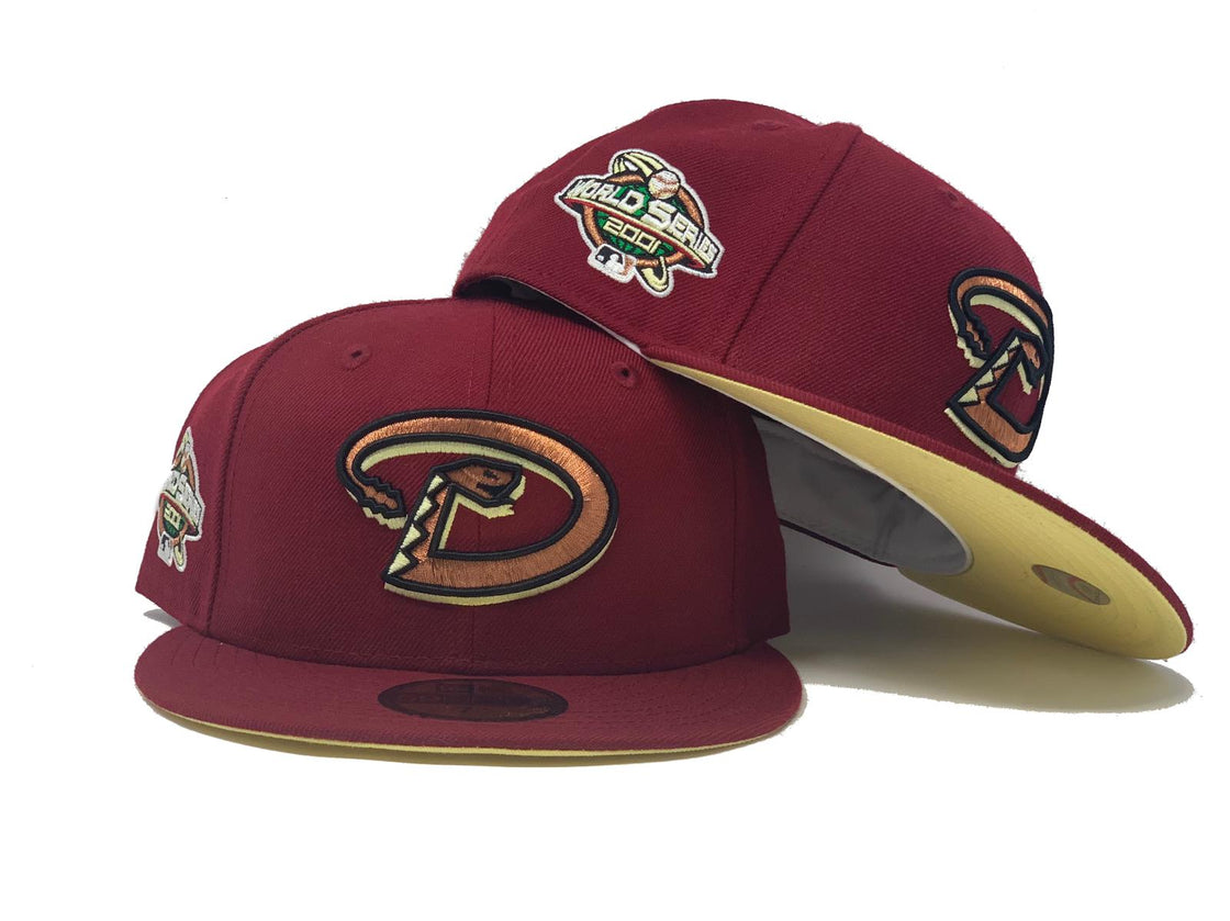 ARIZONA DIAMONDBACKS 2001 WORLD SERIES BURGUNDY BUTTER SOFT YELLOW BRIM NEW ERA FITTED HAT