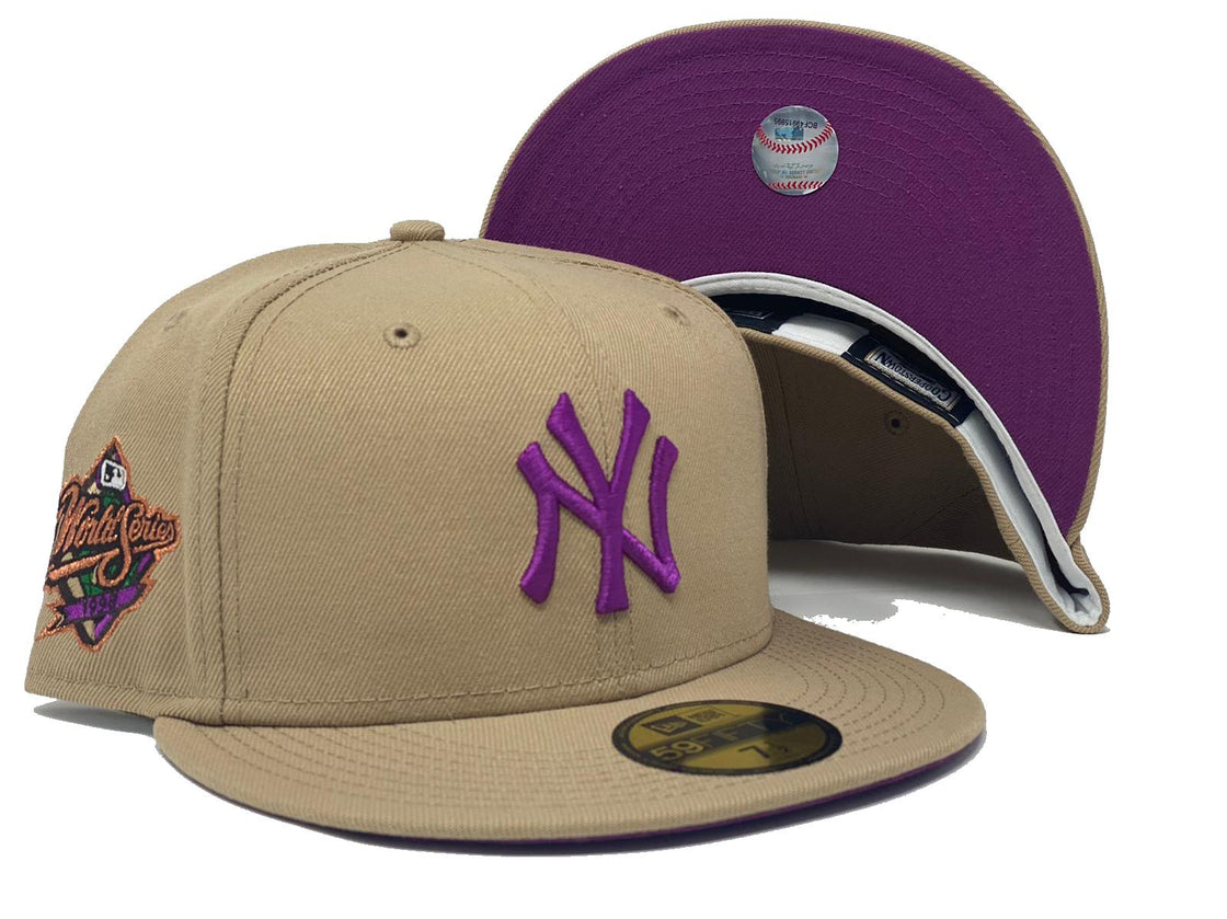 NEW YORK YANKEES 1998 WORLD SERIES TAN PURPLE BRIM NEW ERA FITTED HAT