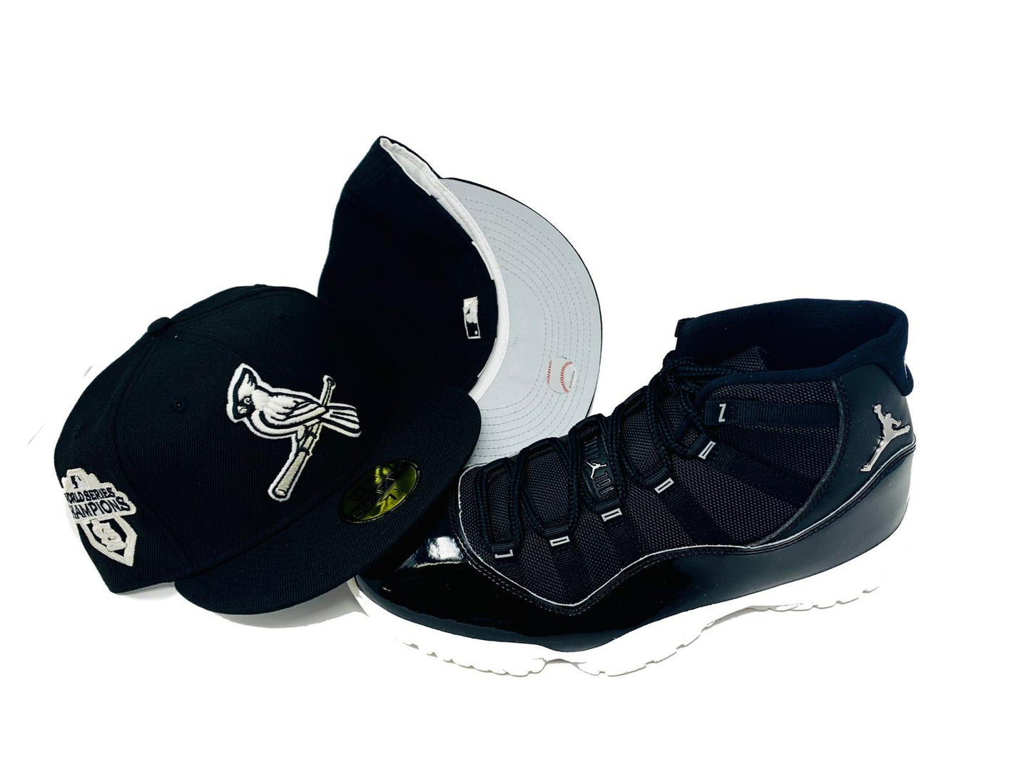 ST. LOUIS CARDINALS 2011 WORLD SERIES CHAMPIONS BLACK 3M REFLECTIVE BRIM "GLOW IN THE DARK"  NEW ERA FITTED HAT TO MATCH JORDAN RETRO 11 JUBILEE 25 ANNIVERSARY