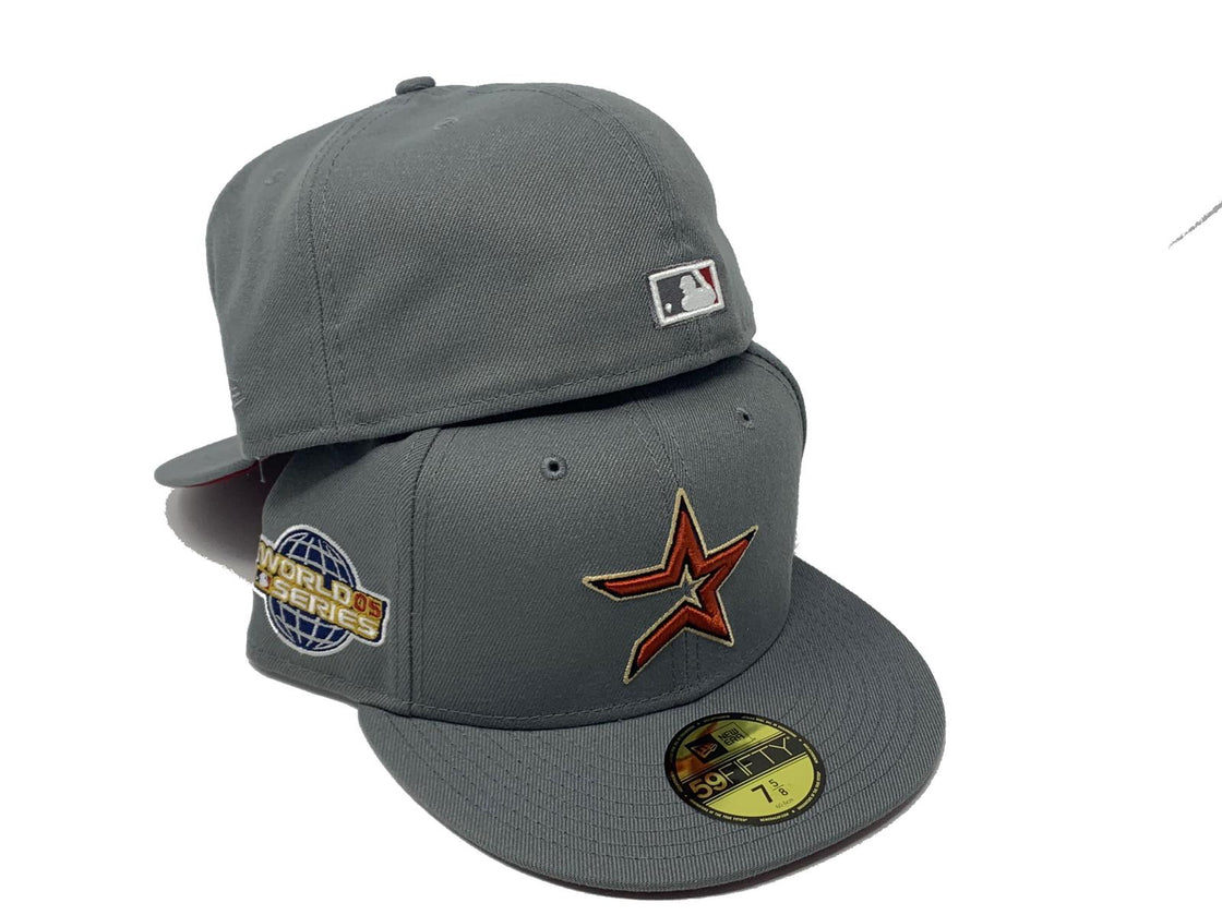 HOUSTON ASTROS 2005 WORLD SERIES STORM GRAY BURGUNDY BRIM NEW ERA FITTED HAT