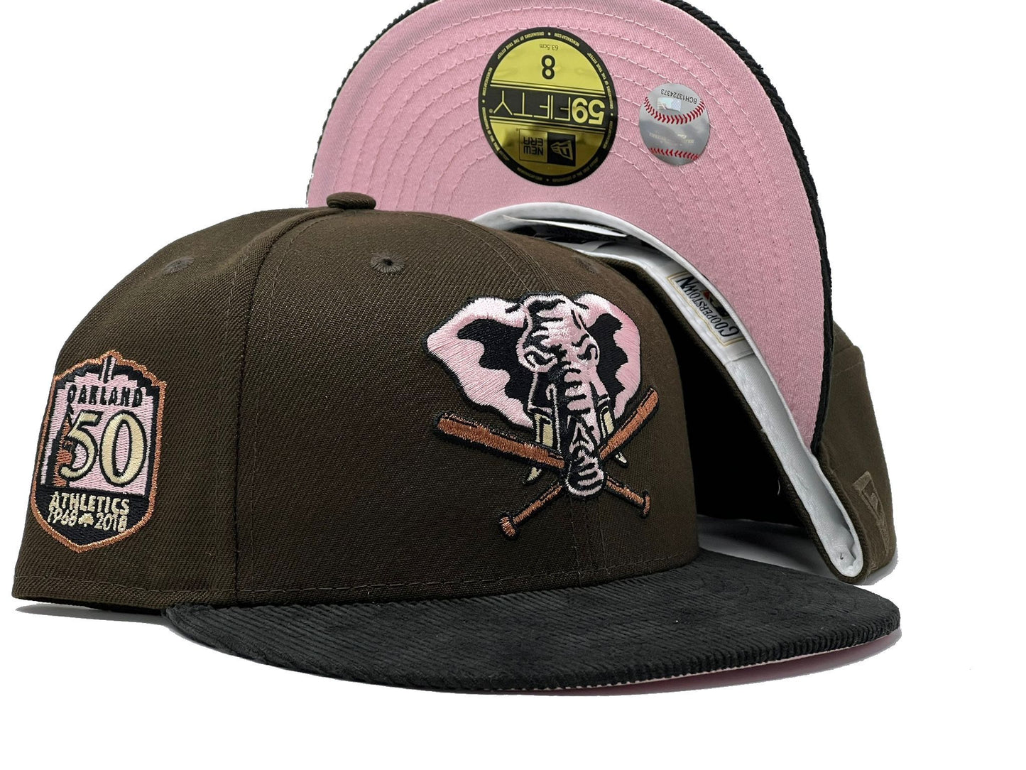 OAKLAND ATHLETICS 50TH ANNIVERSARY BROWN BLACK CORDUROY VISOR PINK BRIM NEW ERA FITTED HAT