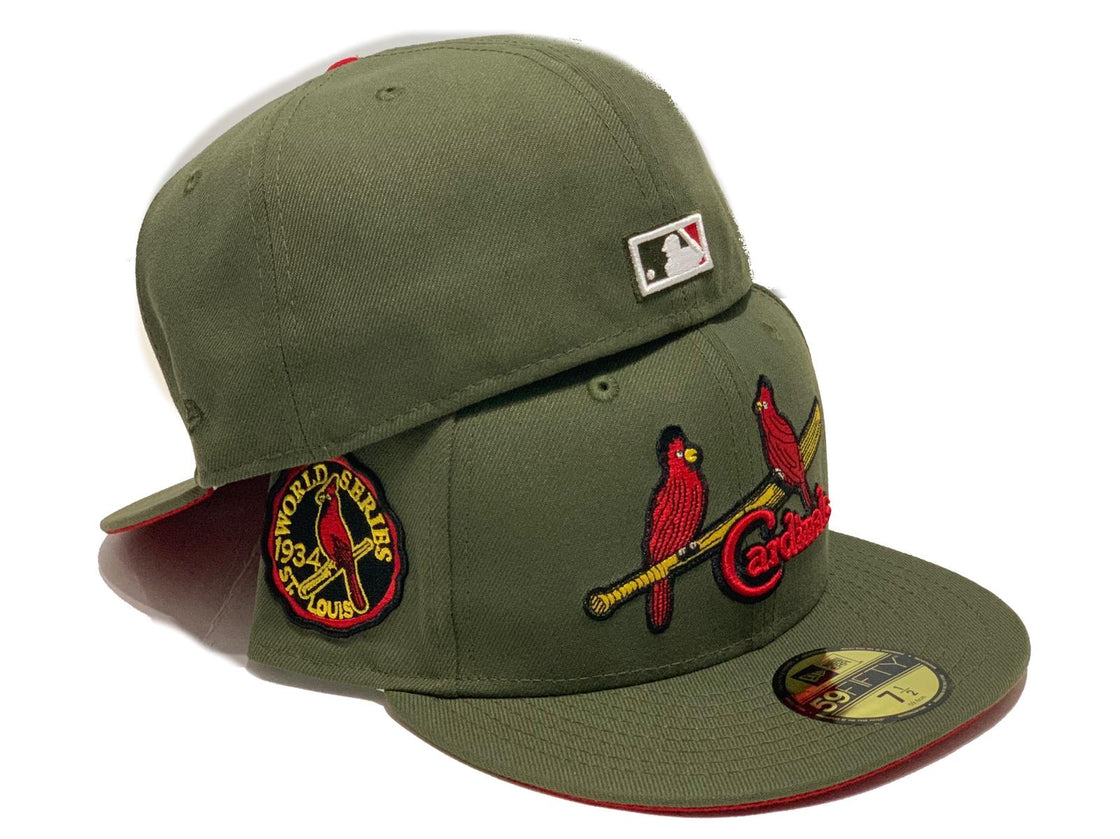 ST. LOUIS CARDINALS 1934 WORLD SERIES DARK OLIVE RED BRIM NEW ERA FITTED HAT