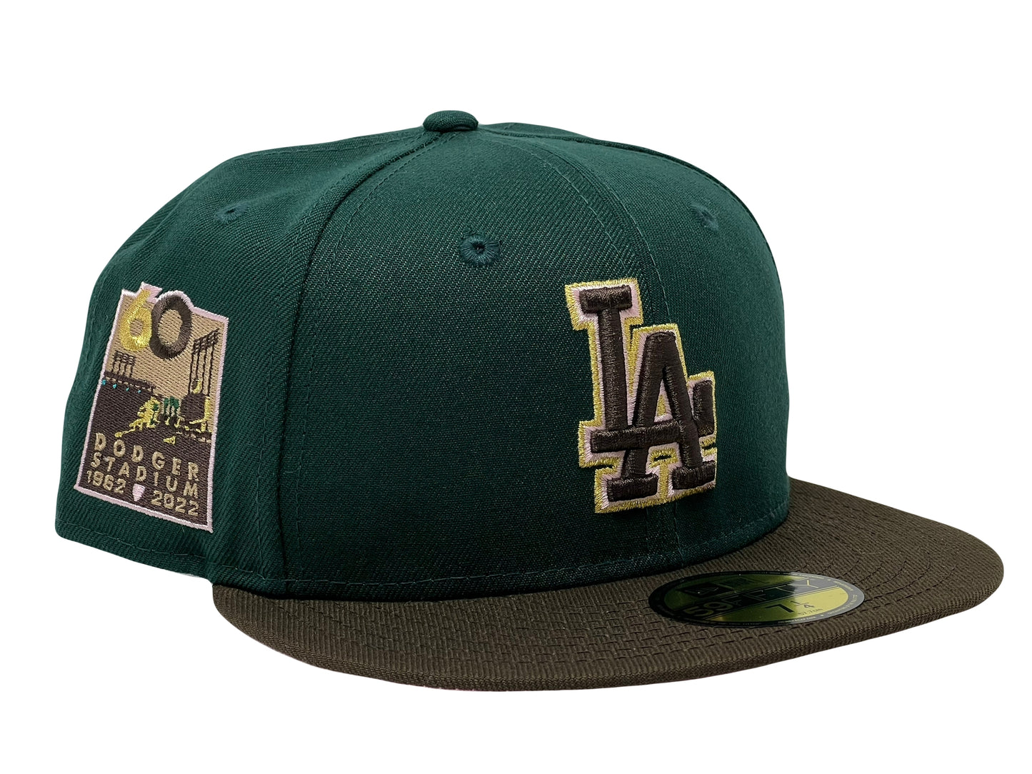 LOS ANGELES DODGERS 60TH ANNIVERSARY DARK GREEN BROWN VISOR PINK BRIM NEW ERA FITTED HAT