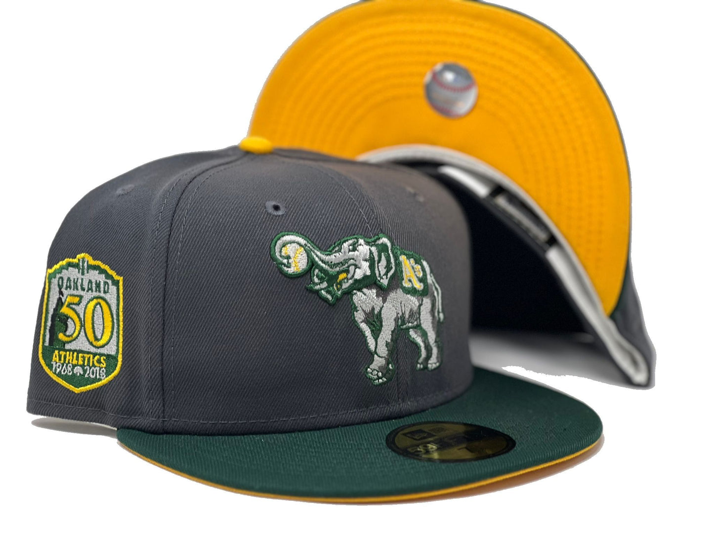 Oakland Athletics 50th Anniversary Dark Gray Green Visor Yellow Brim New Era Fitted Hat