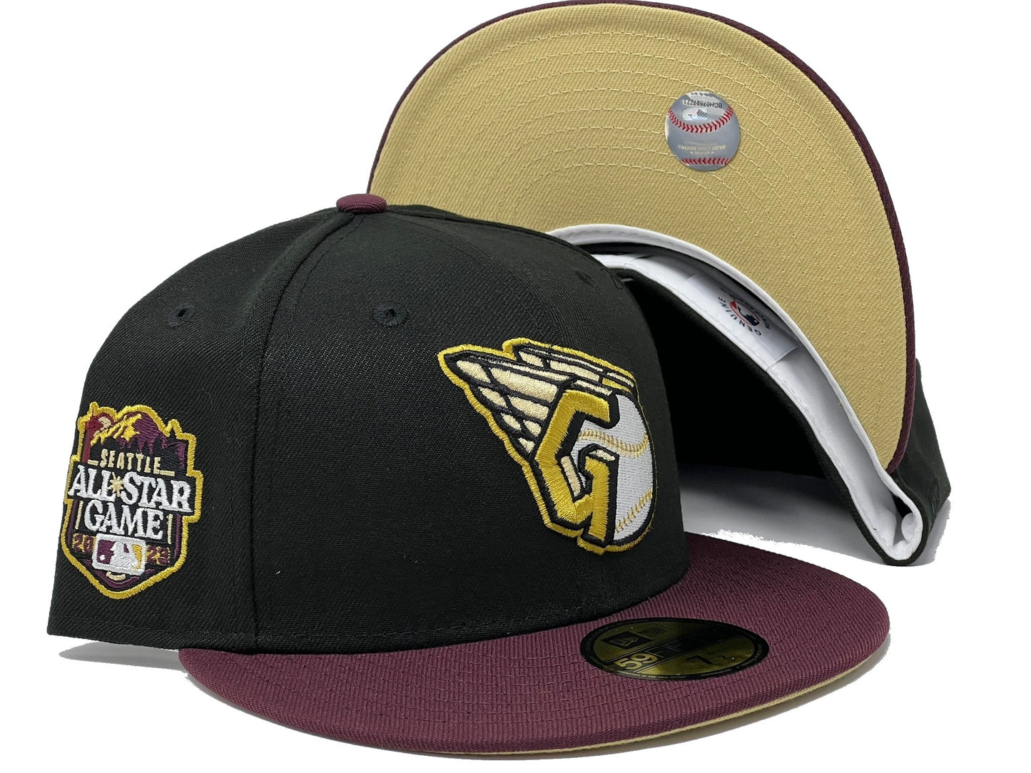 Cleveland Guardians 2023 All Star Game Black Maroon Visor Vegas Gold Brim New Era Fitted Hat