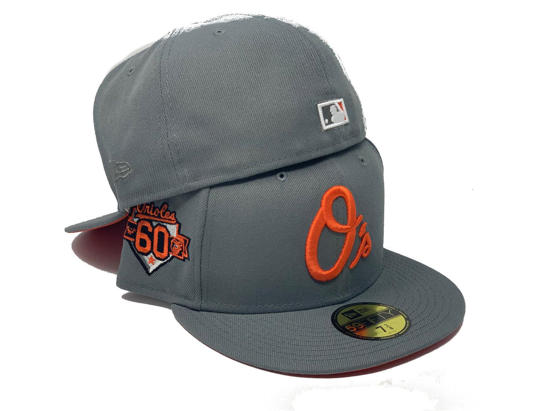 BALTIMORE ORIOLES 60TH ANNIVERSARY STORM GRAY ORANGE BRIM NEW ERA FITTED HAT