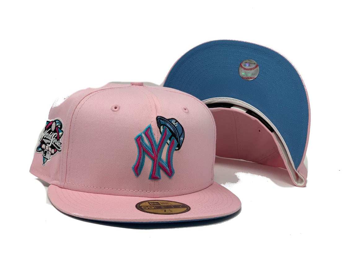 NEW YORK YANKEES 2000 WORLD SERIES LIGHT PINK ICY BRIM NEW ERA FITTED HAT