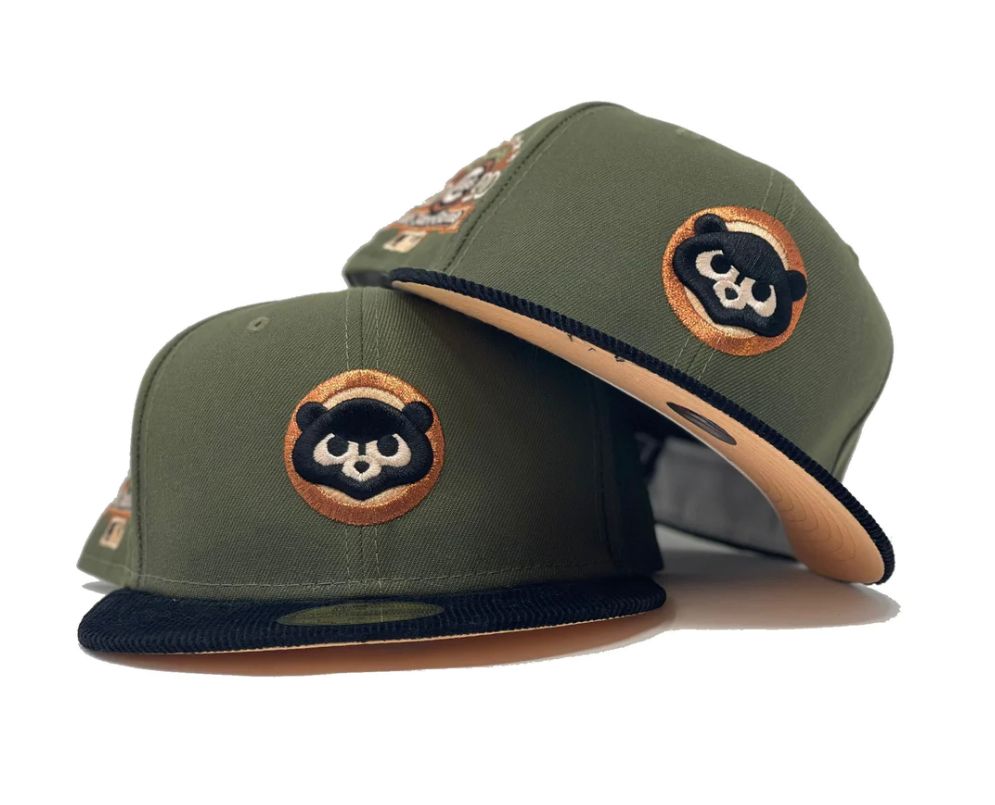 CHICAGO CUBS 1990 ALL STAR GAME OLIVE GREEN BLACK CORDUROY VISOR PEACH BRIM NEW ERA FITTED HAT