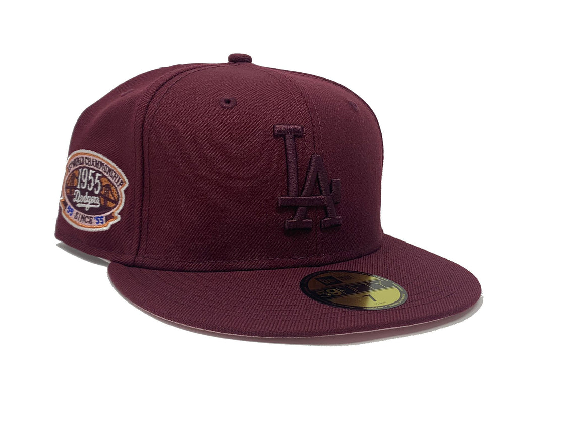 LOS ANGELES DODGERS 1955 WORLD CHAMPIONS MAROON PINK BRIM NEW ERA FITTED HAT