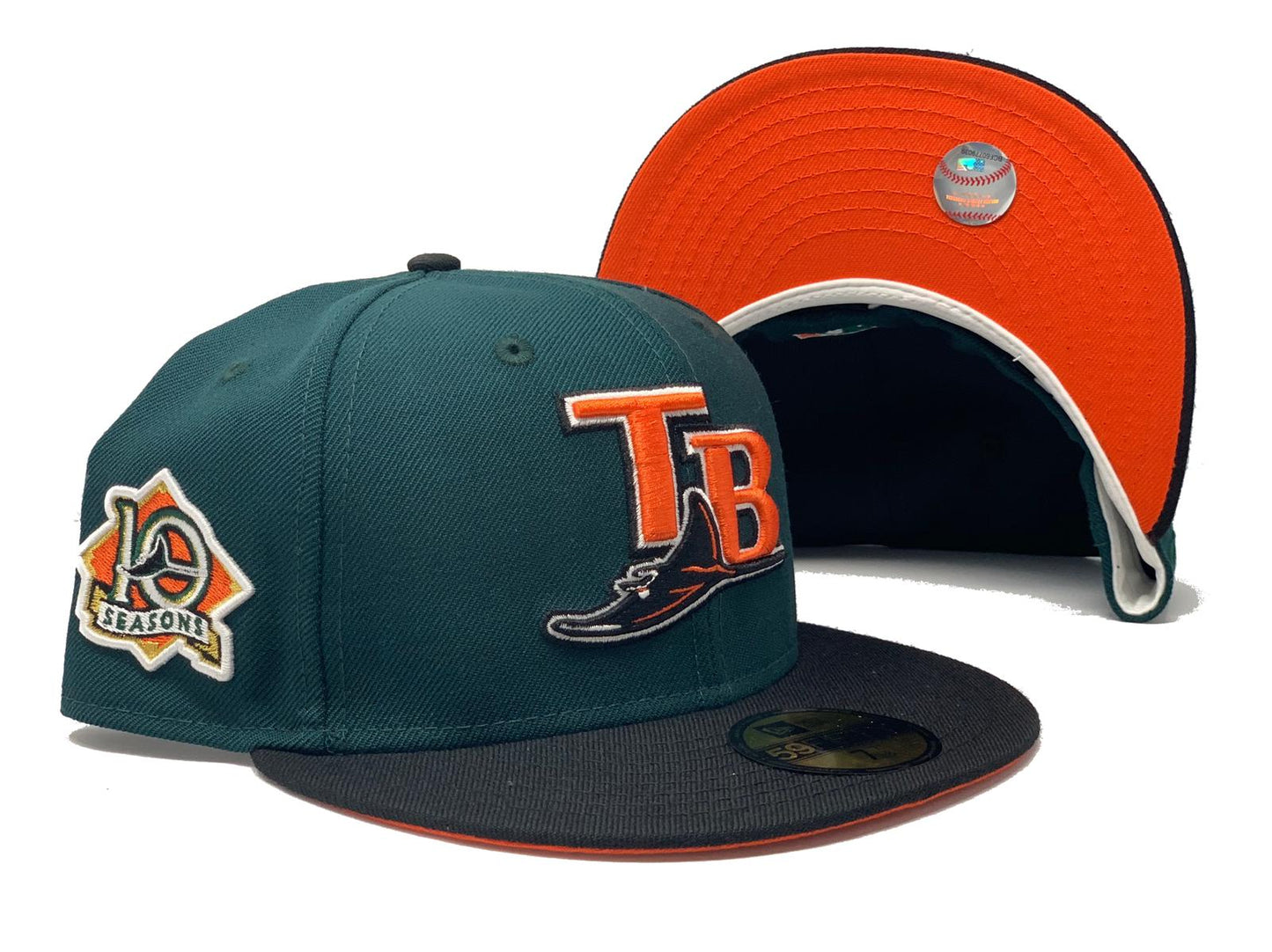 TAMPA BAY 10TH SEASONS DARK GREEN CAP BLACK VISOR ORANGE BRIM NEW ERA FITTED HAT