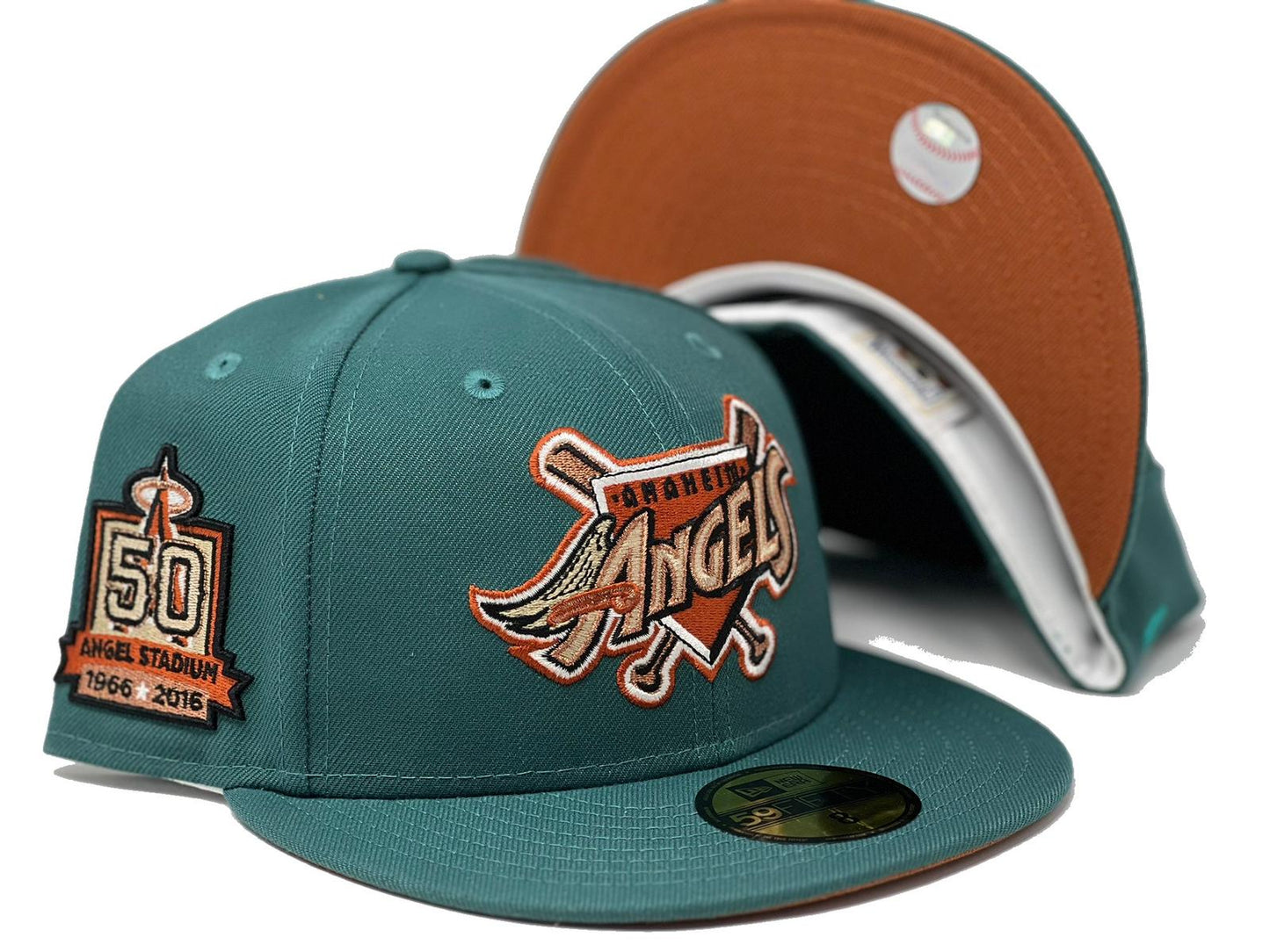 Anahiem  Angeles 50th Anniversary Pine Needle Green Rust Orange Brim New Era Fitted Hat