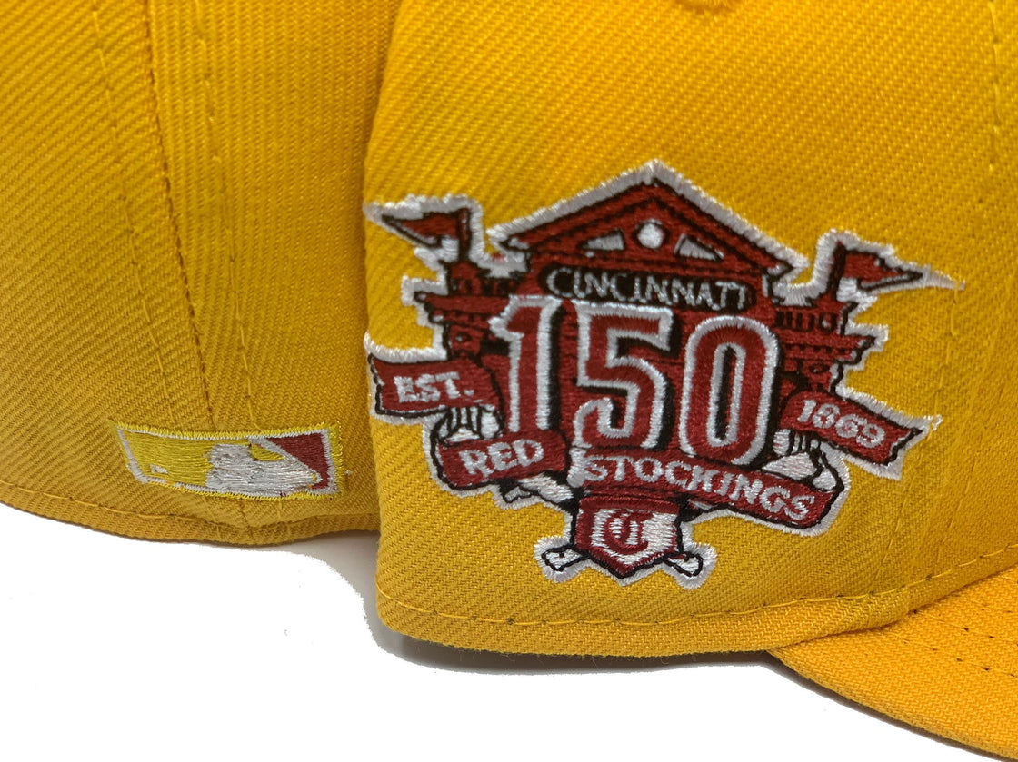 CINCINNATI REDS 150TH ANNIVERSARY TAXI YELLOW BURGUNDY BRIM NEW ERA FITTED HAT