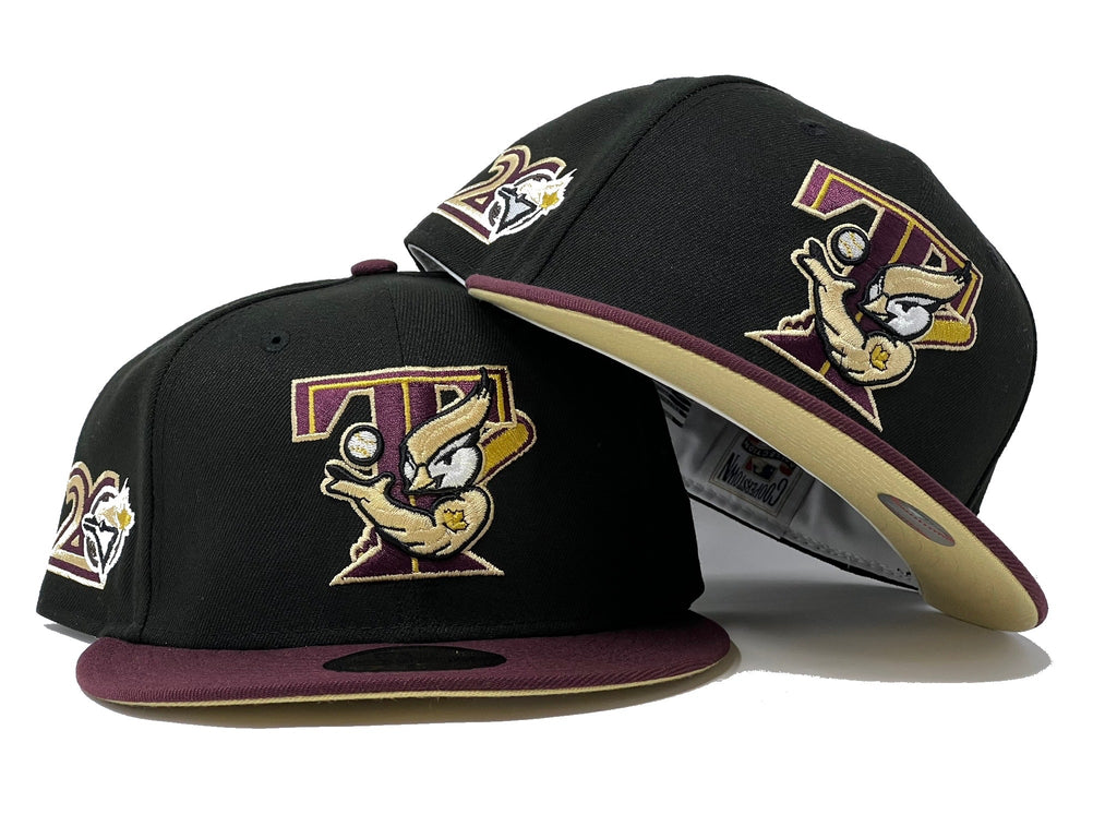 TORONTO BLUE JAYS 20TH ANNIVERSARY BLACK MAROON VISOR VEGAS GOLD BRIM NEW ERA FITTED HAT