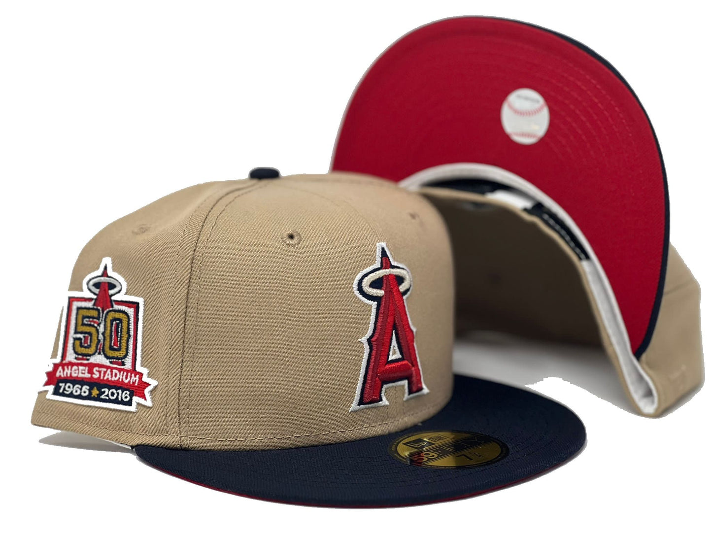 ANAHIEM ANGELS 50TH ANNIVERSARY CAMEL NAVY VISOR RED BRIM NEW ERA FITTED HAT