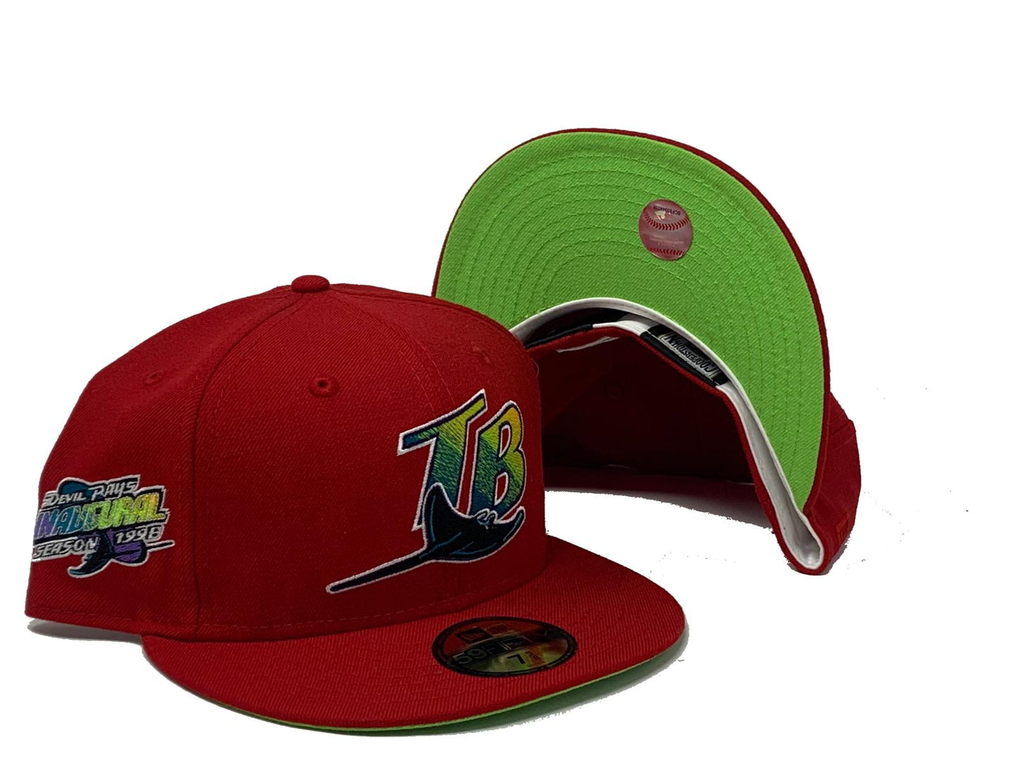 TAMPA BAY DEVIL RAYS 1998 INAUGURAL SEASON RED NEON GREEN BRIM NEW ERA FITTED HAT