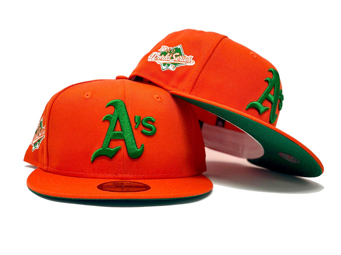 OAKLAND ATHLETICS 1989 WORLD SERIES ORANGE GREEN BRIM NEW ERA FITTED HAT