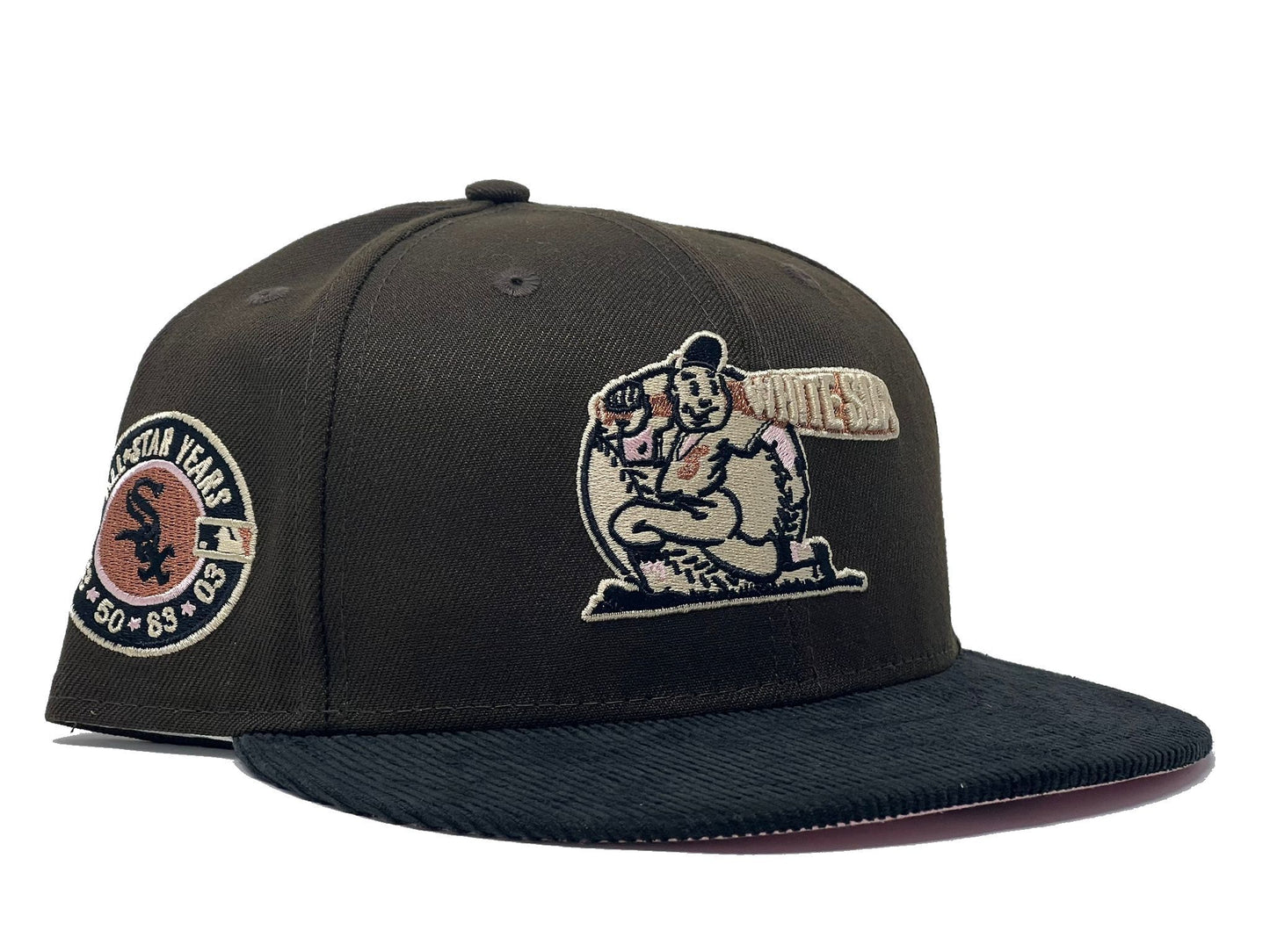 CHICAGO WHITE SOX 100 YEARS ANNIVERSARY BROWN BLACK CORDUROY VISOR PINK BRIM NEW ERA FITTED HAT