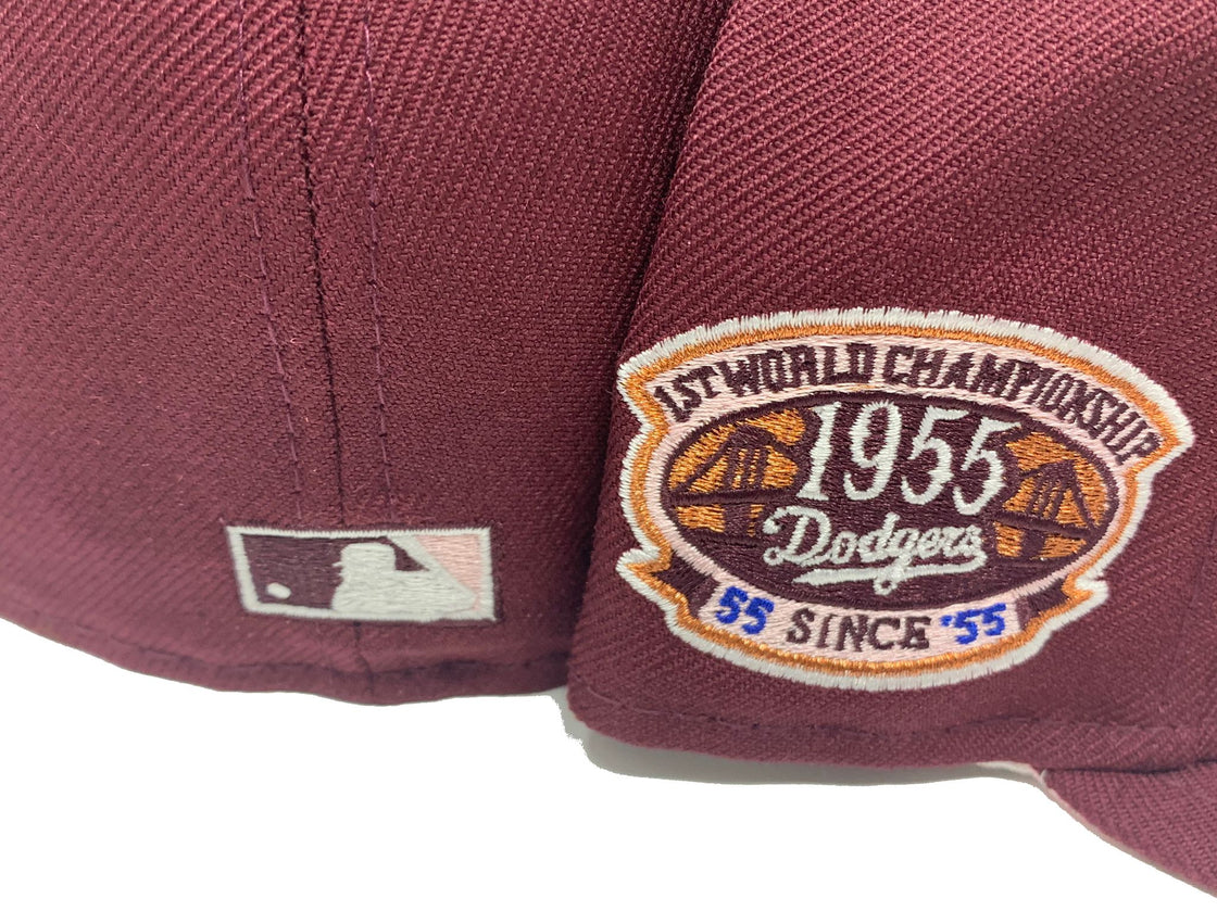 LOS ANGELES DODGERS 1955 WORLD CHAMPIONS MAROON PINK BRIM NEW ERA FITTED HAT